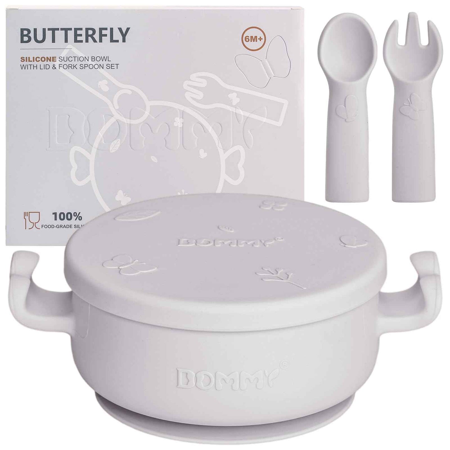 Dommy Butterfly Silicone Baby Feeding Bowl 8.0 oz Gray Microwave Safe Suction Base Leak-Free Lid Fork & Spoon Set