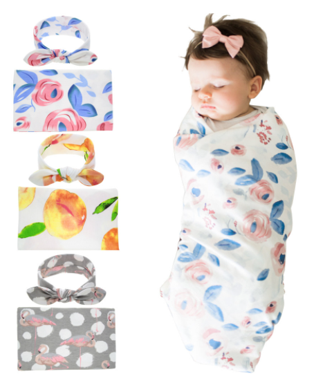 Baby Floral Sleep Robe and Swaddle Set with Headband