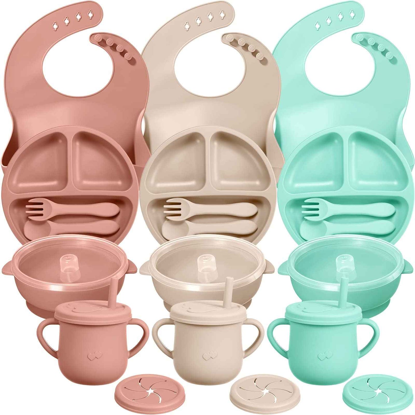 3 Sets Baby Led Weaning Supplies Silicone Baby Feeding Set with Divided Plate Adjustable Bib Suction Bowl with Lid Snack Cup Soft Spoon Fork Self Eating Utensil (Beige Orange Mint)