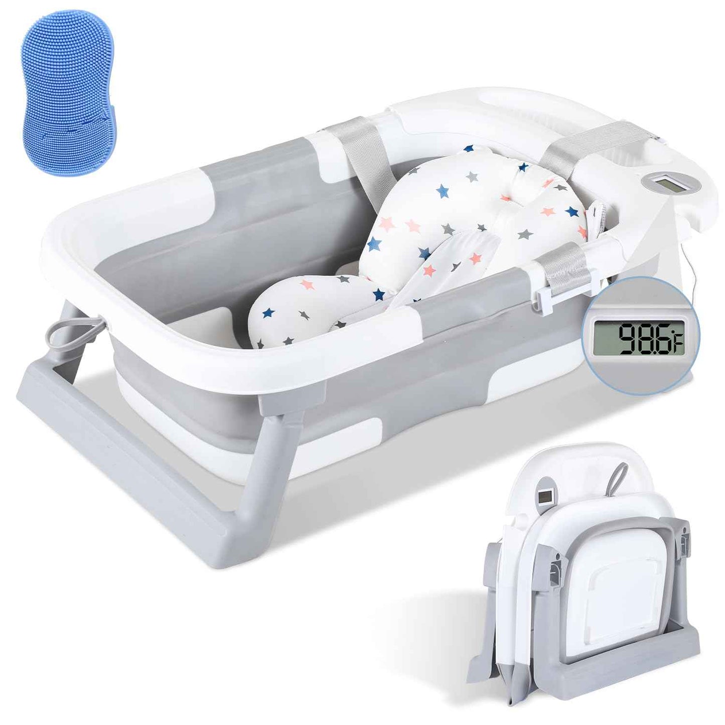 Kirumie Collapsible Baby Bathtub Portable Travel Baby Bath Tub with Thermometer & Soft Cushion Foldable Bathtub for Newborn to Toddler 0-36 Month No-Slip Hanging Durable Tubs wih a Cradle Cap Brush