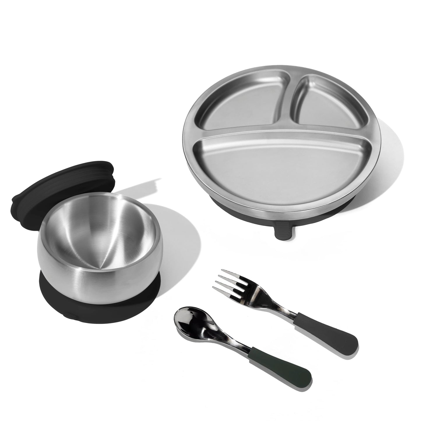 Avanchy Stainless Steel Baby Bowl with Plate, Spoon, Fork, Storage Lid, and Removable Silicone Suction Base – Non-Toxic BPA-Free Feeding Bowl for Babies and Toddlers