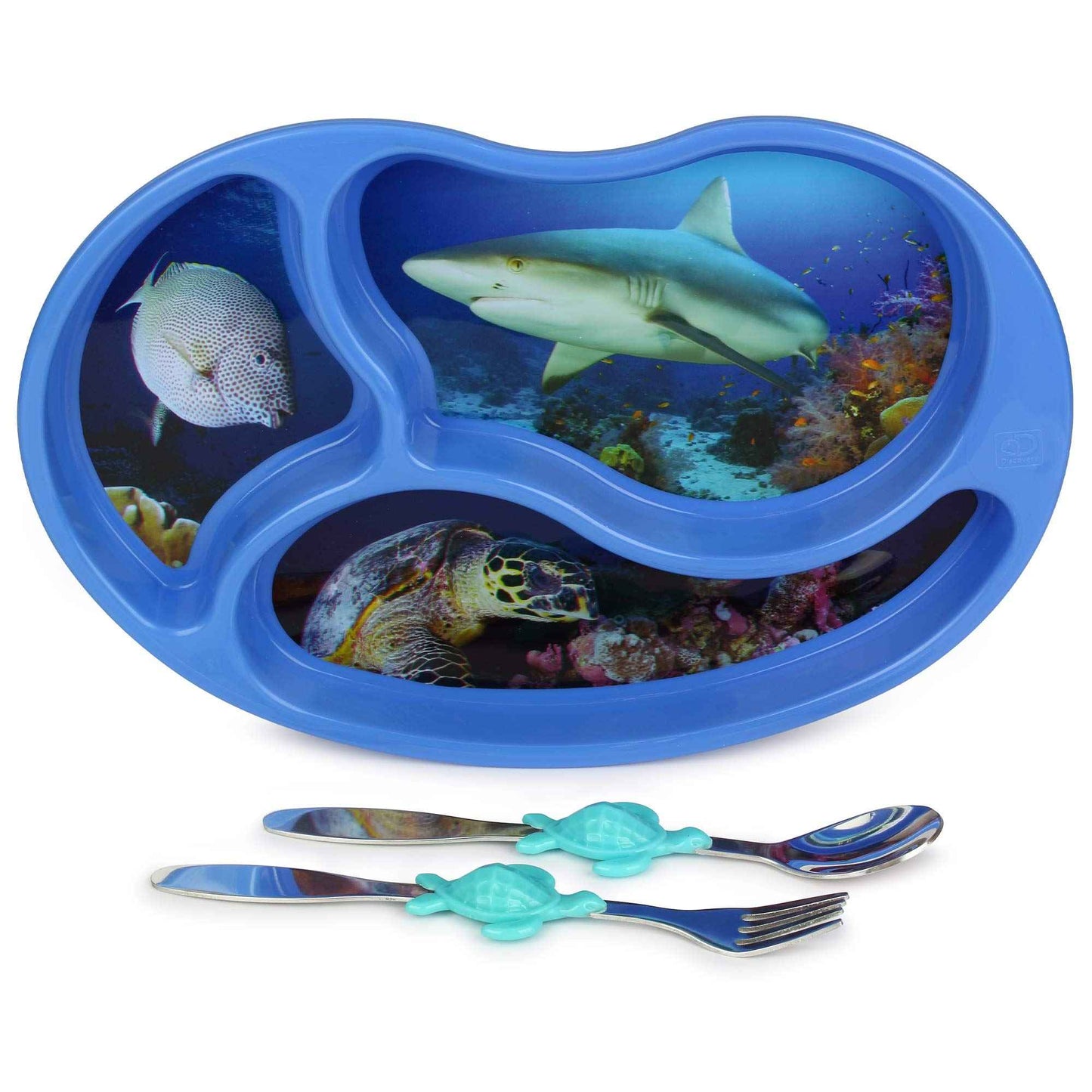 Kids Divided Plate with Utensils - Childrens Meal Set with Plate Fork and Spoon - Ocean