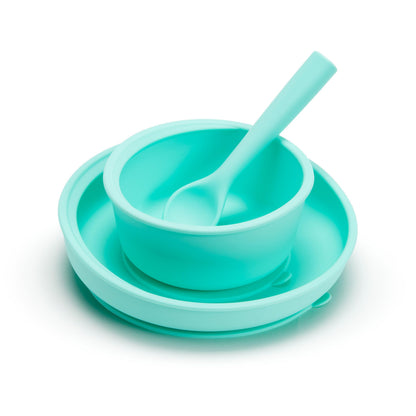 Munchkin Silicone Feeding Set with Suction Bowl, Suction Plate, and Spoon for Baby Led Weaning and Self-Feeding in Mint