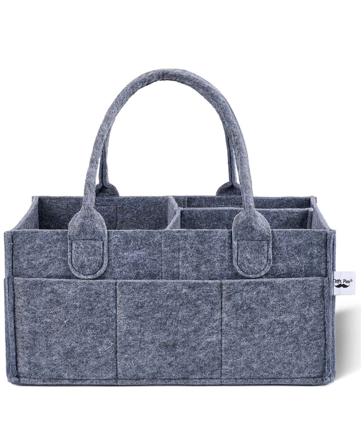 Diaper Organizer for Changing Table in gray felt fabric with multiple compartments and sturdy handles.