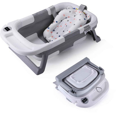 WWUIUIWW Foldable Baby Bath TubNewborn Baby Bath Tub with Soft Bath Mat and Real Time Water Temperature DisplayPortable Travel Bathtub with Drain Hole toToddler 0-36 Months (Grey2)