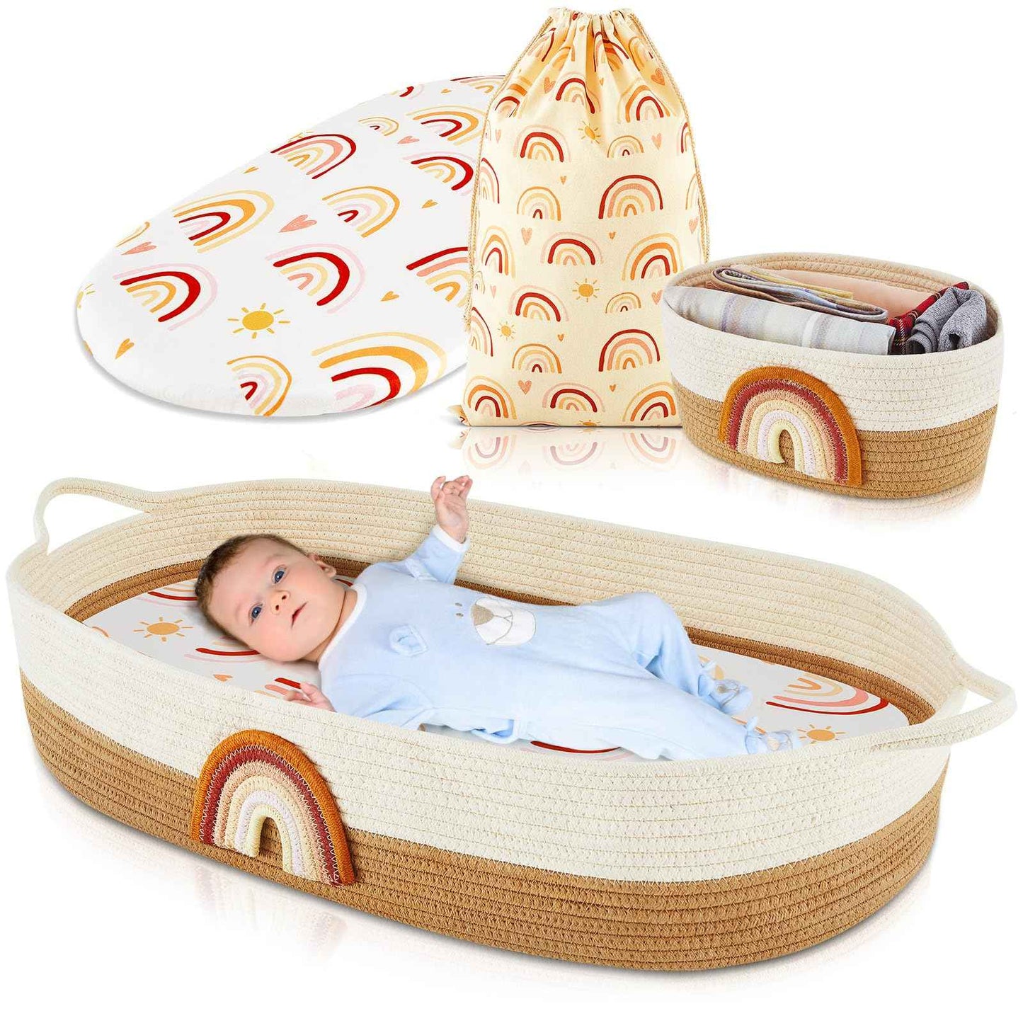 Ziliny Baby Changing Basket Set Baby Diaper Moses Basket Foam Diaper Changing Pad Dressing Table Diaper Changing Cover Storage Bag Rainbow