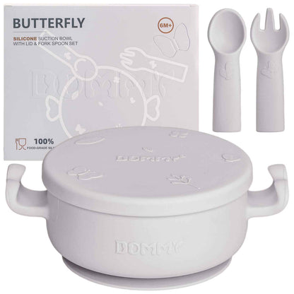 Dommy Butterfly Silicone Baby Feeding Bowl 8.0 oz Gray Microwave Safe Suction Base Leak-Free Lid Fork & Spoon Set
