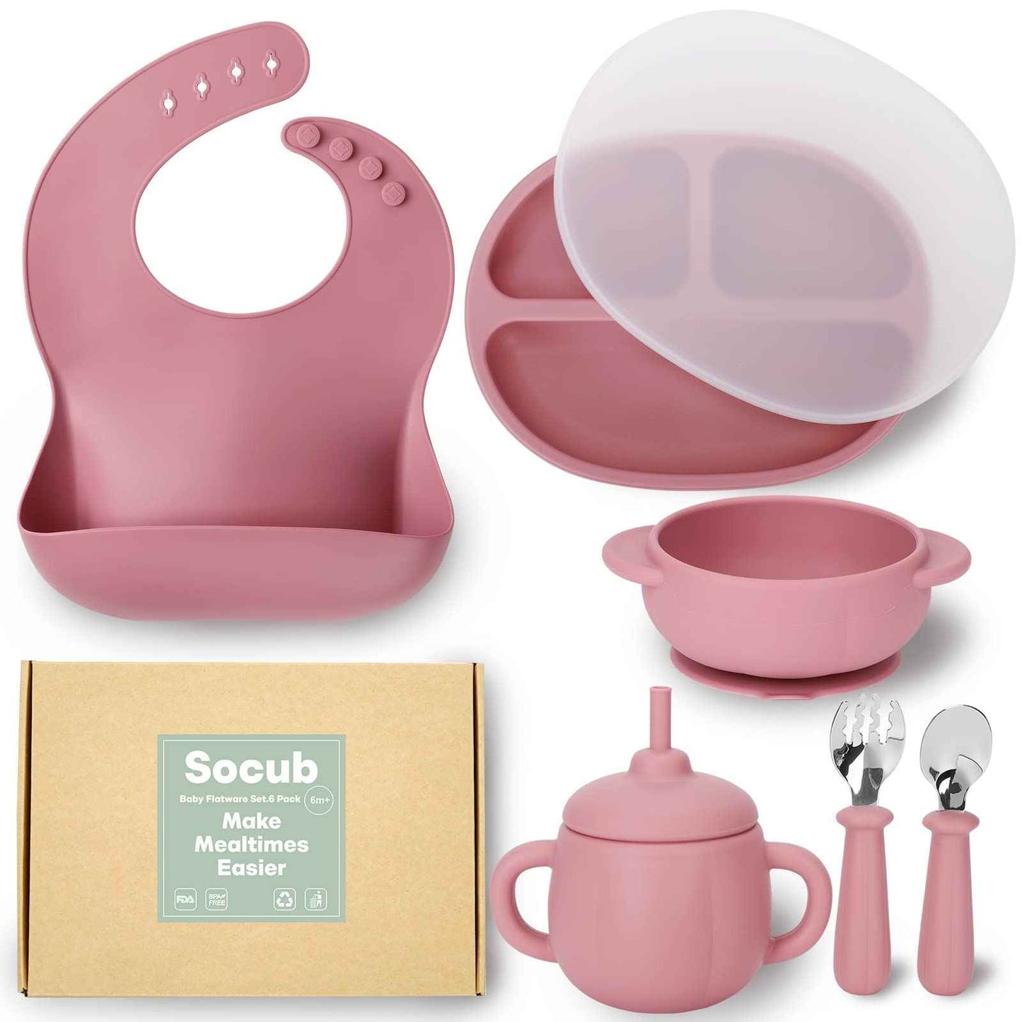 Socub Silicone Baby Feeding Set Silicone Baby Bib Silicone Divided Suction Plate with Lid Baby Sippy Cup and Suction Bowl with Spoon Fork Baby Led Weaning Supplies for Toddler(Dark Pink)