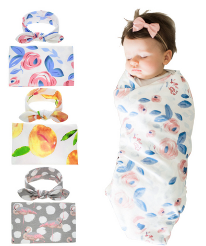Baby Floral Sleep Robe and Swaddle Set with Headband