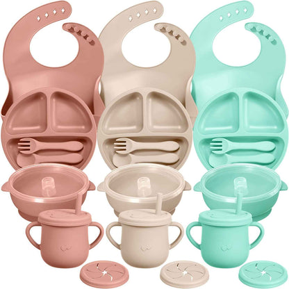 3 Sets Baby Led Weaning Supplies Silicone Baby Feeding Set with Divided Plate Adjustable Bib Suction Bowl with Lid Snack Cup Soft Spoon Fork Self Eating Utensil (Beige Orange Mint)