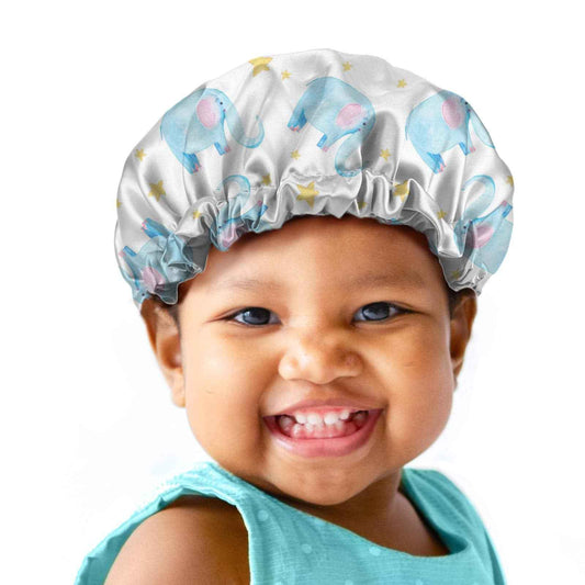 Babrukda Kids Satin Sleep Cap Double Layer Reversible Sleeping Bonnet Slouchy Beanie Slap Hat Adjustable Hair Cover for Night Sleep for Boys Girls Toddler Children Baby Cute Baby Elephant