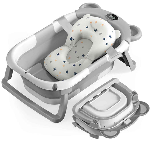 ieBabay Foldable Baby Bathtub Collapsible Bath tub for Newborn to Toddler with Soft Bath CusionPortable Travel Bathtub with Drain HoleEasy to Store（Grey)