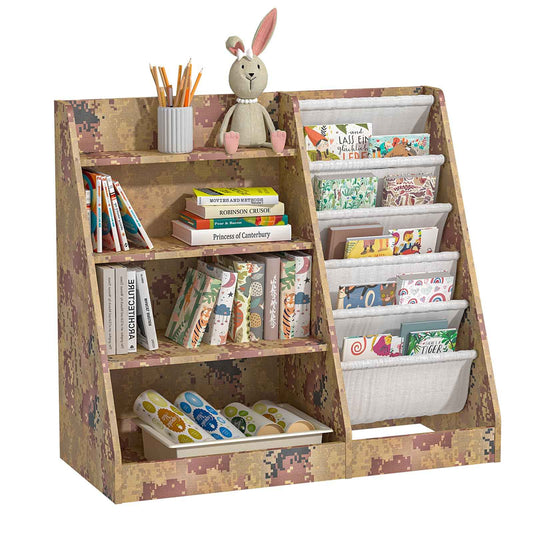4 Tier Kids Bookshelf Wooden Five Layer Sling Children Bookcase Baby Toddler Storage Book Rack Book and Toy Organizer Cabinet Chest Book Display Shelf Stand Playroom Nursery Classroom Library
