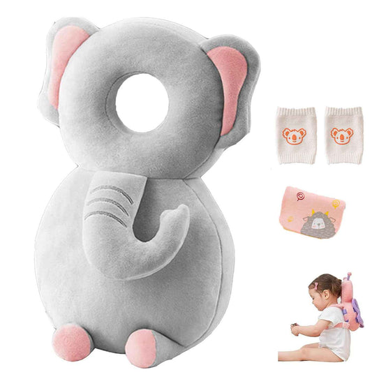 Baby Head Protector Backpack Adjustable Baby Head Protection Backpack with Baby Knee Pads for Walking & Crawling Soft Breathable and Wearing Safety Baby Head Protector - Grey Elephant