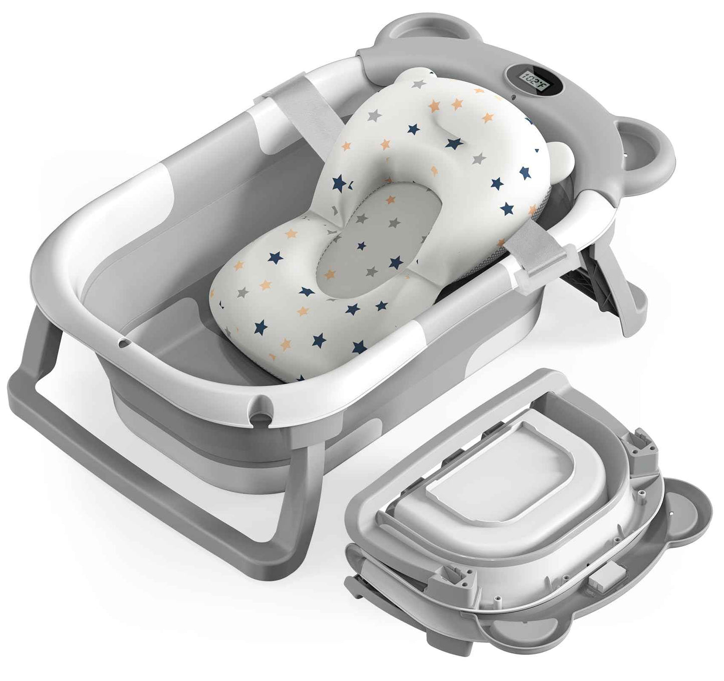 ieBabay Foldable Baby Bathtub Collapsible Bath tub for Newborn to Toddler with Soft Bath CusionPortable Travel Bathtub with Drain HoleEasy to Store（Grey)