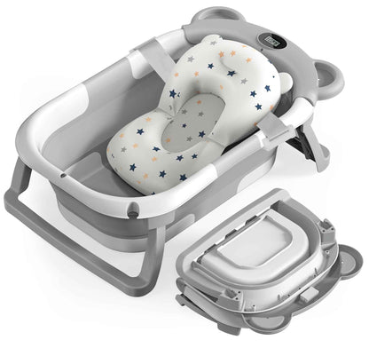ieBabay Foldable Baby Bathtub Collapsible Bath tub for Newborn to Toddler with Soft Bath CusionPortable Travel Bathtub with Drain HoleEasy to Store（Grey)