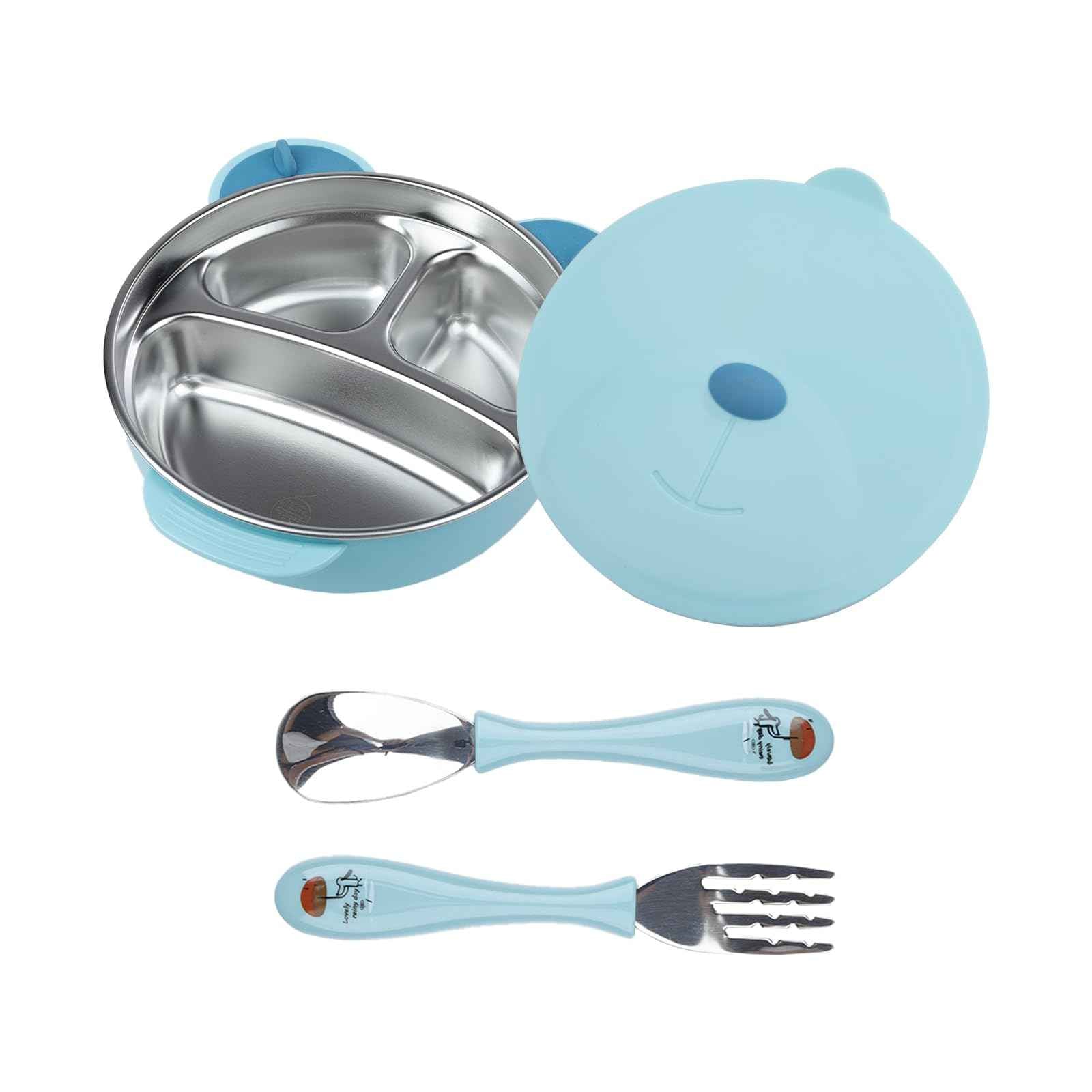 ufengke Stainless Steel Baby Feeding Bowl Toddler Suction Plate with Lid Spoon and Fork Perfect for Children (Blue)