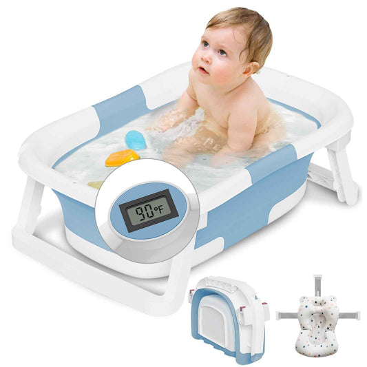 napei Collapsible Baby BathtubBaby Bath Tub with Soft Cushion & ThermometerBaby Bathtub Newborn to Toddler 0-36 MonthsPortable Travel Baby Tub (Pale Blue)