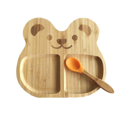 Bamboo Cartoon Baby Suction Bowl with Silicone Spoon Set
