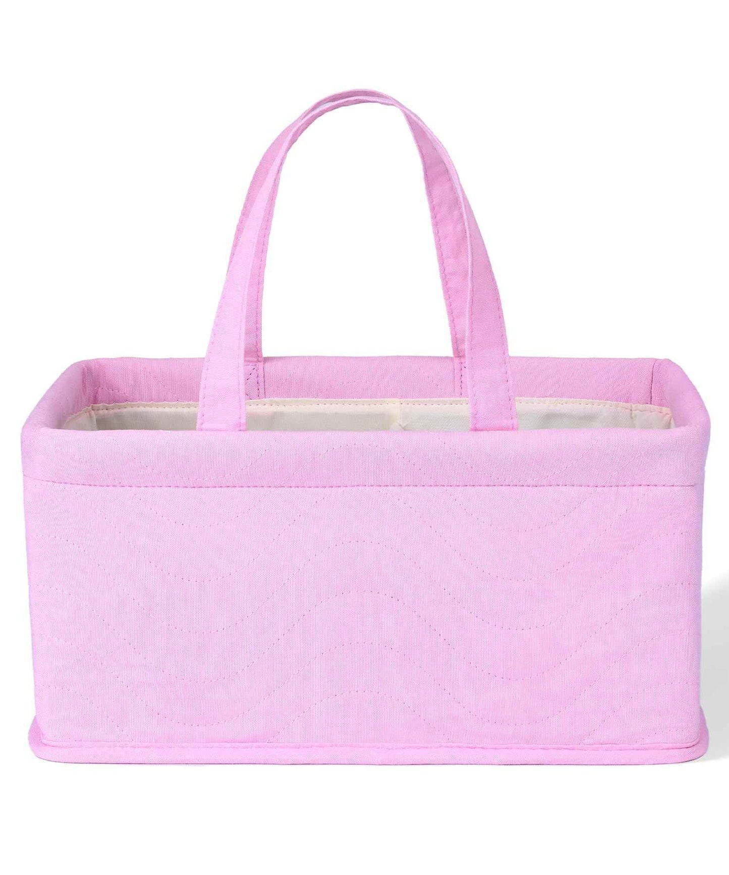 Diaper Organizer – Quilted Fabric Storage for baby essentials in pink color with handles.