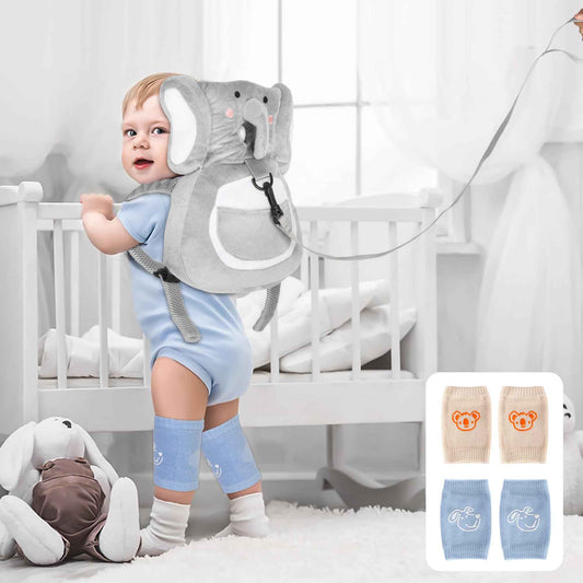 Baby Backpack Walker Protection Toddler Head Protector Backpack Adjustable 270° Three-Sided Protection Breathable Design with Knee Pads & Safety Rope 6-12 Month Baby(Elephant)