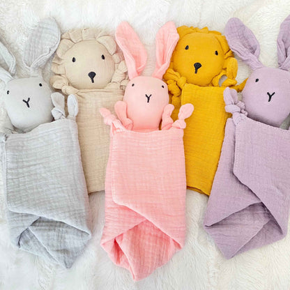 Baby Lovey – Soft security blanket collection featuring adorable bunny and lion designs for comfort and companionship.
