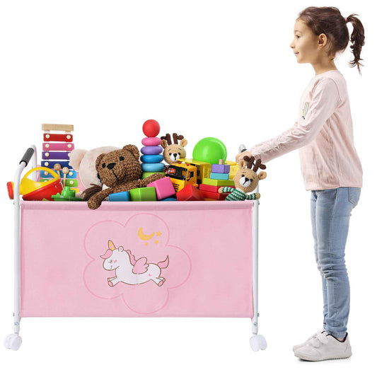 STORAGEIDEAS Large Toy Box Cart with Wheels Sturdy Kids Toy Storage Organizer Toy Chest Storage Bins Baskets for Boys Girls in Living Room Nursery Playroom Bedroom 1 Large Section Pink Unicorn
