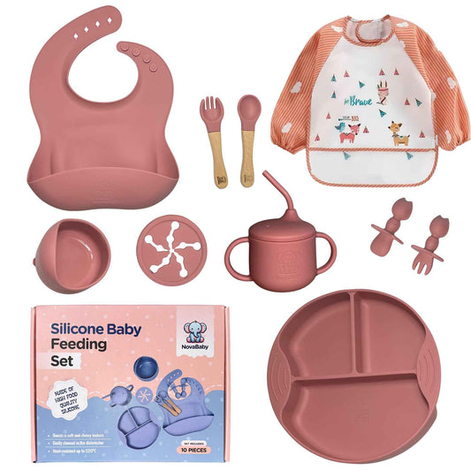 NOVABABY Silicone Baby Feeding Set Eating Utensils with Suction Plate and Bowl Baby Led Weaning Supplies Toddler Self Feeding Dish Set with Waterproof Full Sleeve Bib Spoon 10pcs (Pink)