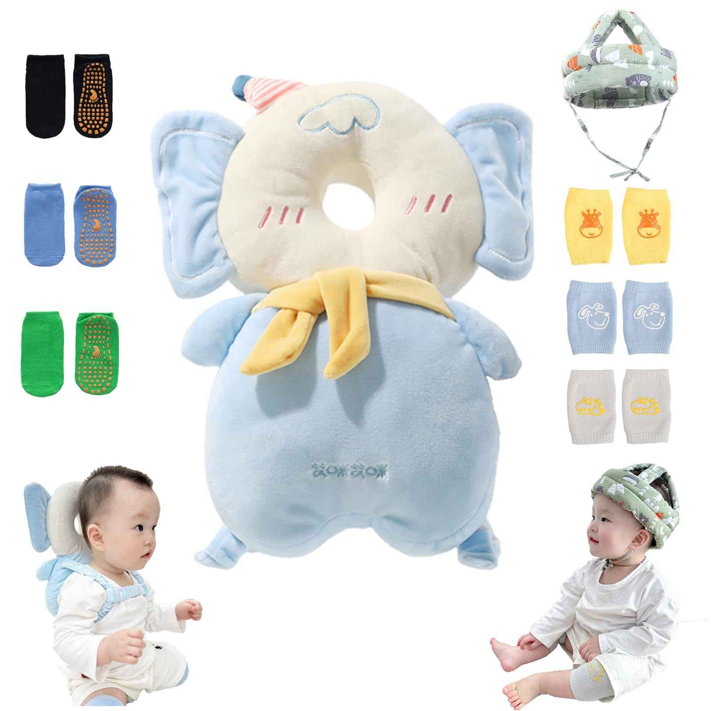 Toddler Baby Protection Backpack - Toddler Safety for Crawling Walking Running - Adjustable Pad - with 3 Baby Knee Pads and 3 Socks - Fall Back Head Protector
