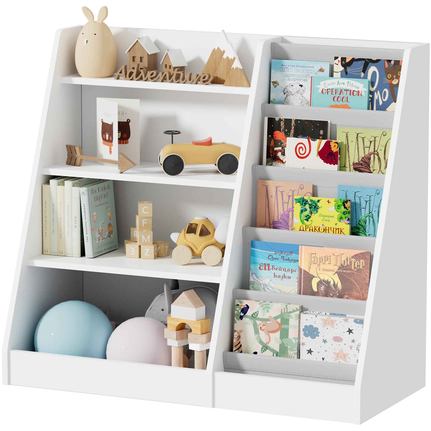 Mr IRONSTONE Kids Bookshelf and Toy Storage 4 Tier Wooden Kids Bookcase with 5 Layer Sling Book Shelf for Kids Rooms Classroom Bedroom Nursery Bookshelf for Baby Children Toddler