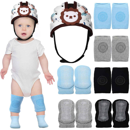 JaGely Baby Safety Helmet Brown Lion Adjustable Baby Head Protector Breathable Safety Head Cushion with 3 Pair Baby Non Slip Ankle Socks 3 Pair Anti Slip Knee Pads for Toddler Walking 1-3 Years