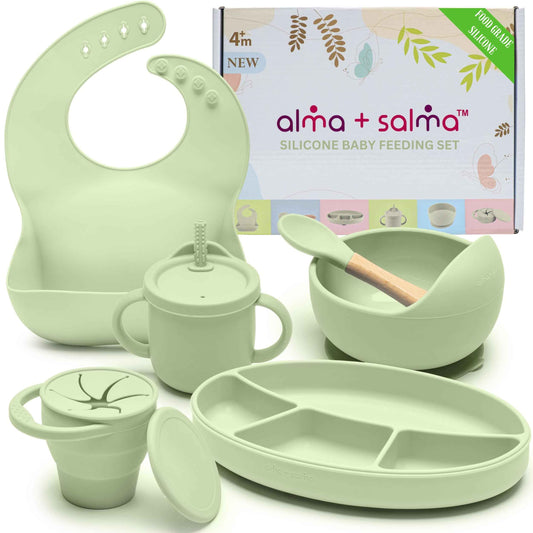 ALMA + SALMA Silicone Baby Feeding Set Baby Led Weaning Supplies Suction Plate & Bowl Spoon Bib Cup Snack Cup Baby Dishes (OLIVER GREEN)