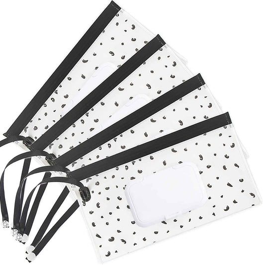 Reusable Wipes Pouch set of four portable wipes dispensers with waterproof design and stylish black and white pattern.