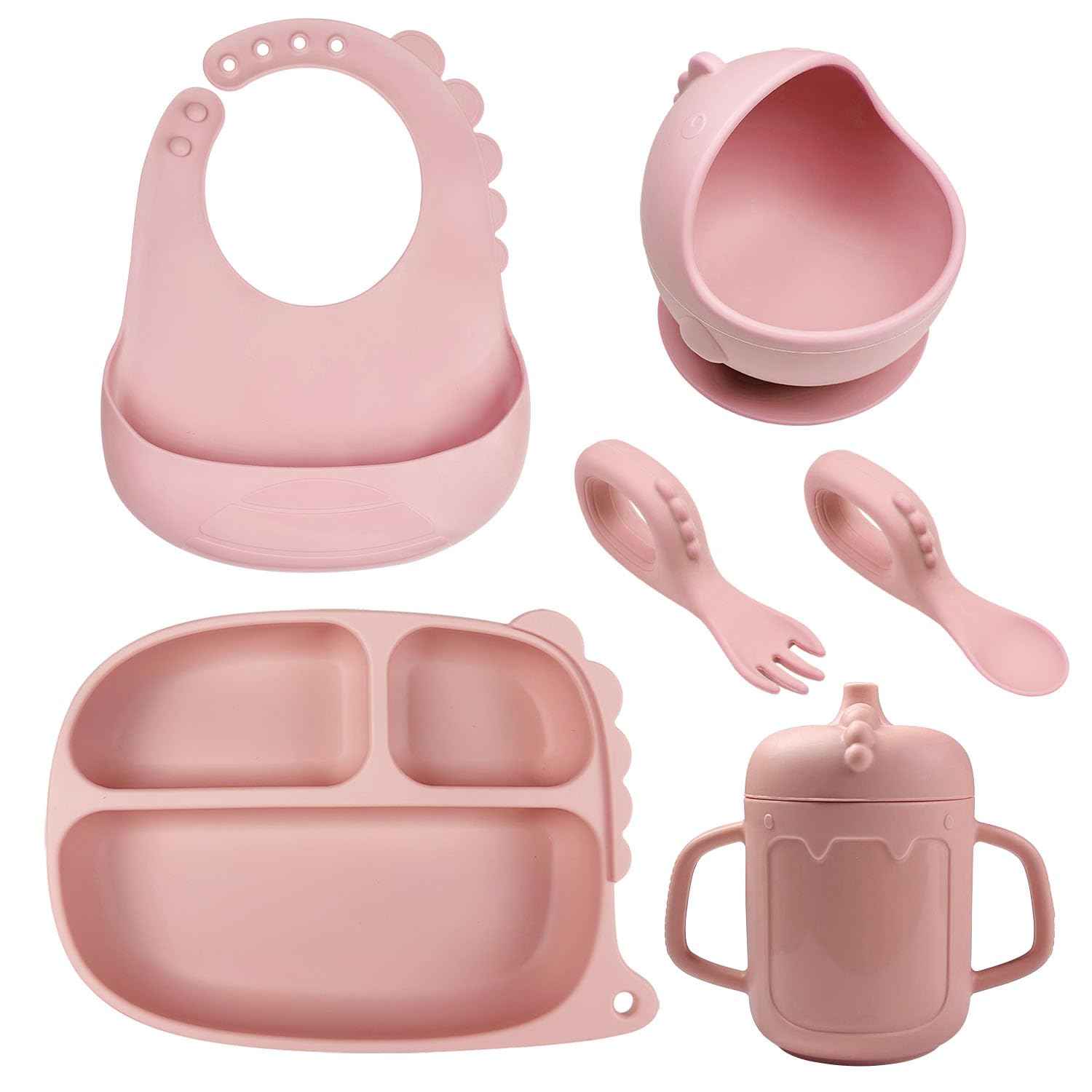 Dinosaur Silicone Baby Feeding Set Baby Led Weaning Supplies Dino Shapes Toddler Suction Plate and Bowl with Spoon Fork Sippy Cup Bib Self Feeding Silicone Tableware Pink