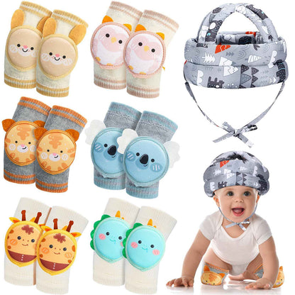 Preboun Baby Safety Helmet for Crawling with 6 Pairs Baby Knee Pads Set Baby Head Protector Adjustable Baby Head Cushion Bumper Bonnet for 6 Months to 3 Years(Elephant)