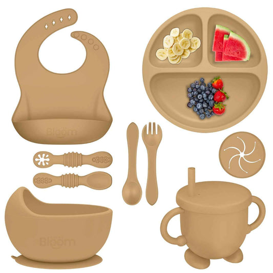 10 pc Premium Silicone Baby Feeding Set Baby Led Weaning Supplies Suction Bowl Suction Plate 3 in 1 Cup Bib Stage 1 and 2 Spoon & Fork Toddler weaning supplies Baby feeding essentials