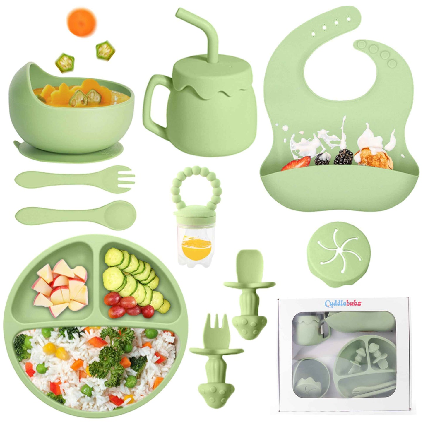 CuddleBubs Silicone Baby Feeding Set with Suction 10 Pcs Baby Led Weaning Supplies with Suction Bowl Divided Plate Adjustable Soft Bib Spoon Fork Snack Cup with Lid and Other Utensils (Prairie Green)