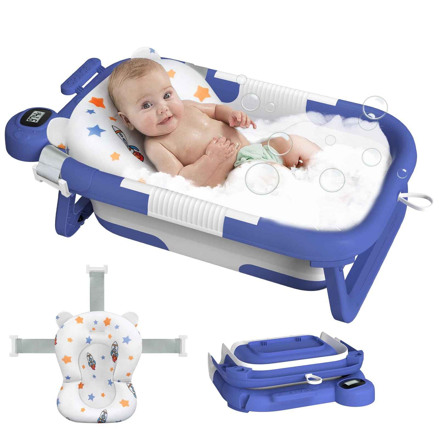 Reeple Collapsible Baby Bathtub Baby Bath Tub for Newborn to Toddler with Floating Cushion for Bath Support Portable Baby Tub for Infants with Temp Monitor 0-36 Months Baby Bath Essentials Blue