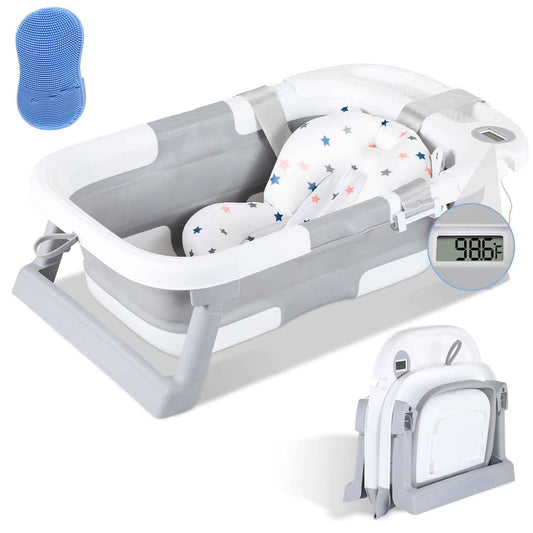 Kirumie Collapsible Baby Bathtub Portable Travel Baby Bath Tub with Thermometer & Soft Cushion Foldable Bathtub for Newborn to Toddler 0-36 Month No-Slip Hanging Durable Tubs wih a Cradle Cap Brush